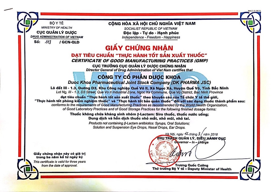 giấy chứng nhận nhà máy đạt chuẩn GMP